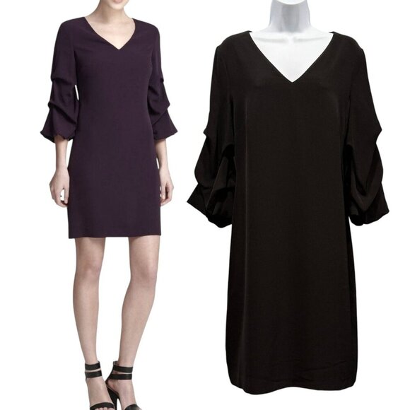 DKNY V-neck Ruched 3/4 Sleeve Sheath Dress Black Size 10 - Picture 1 of 13